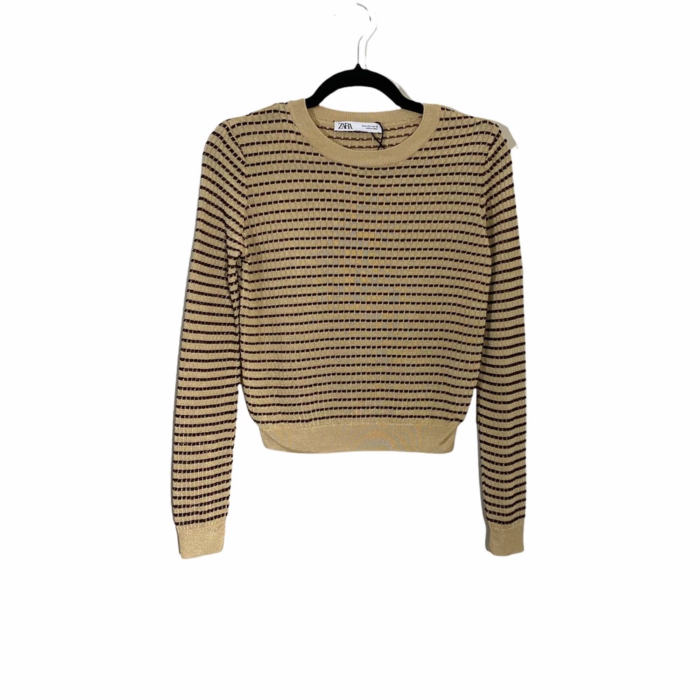ZARA Tan Sweater w/ Brown Metallic Textured Stripe